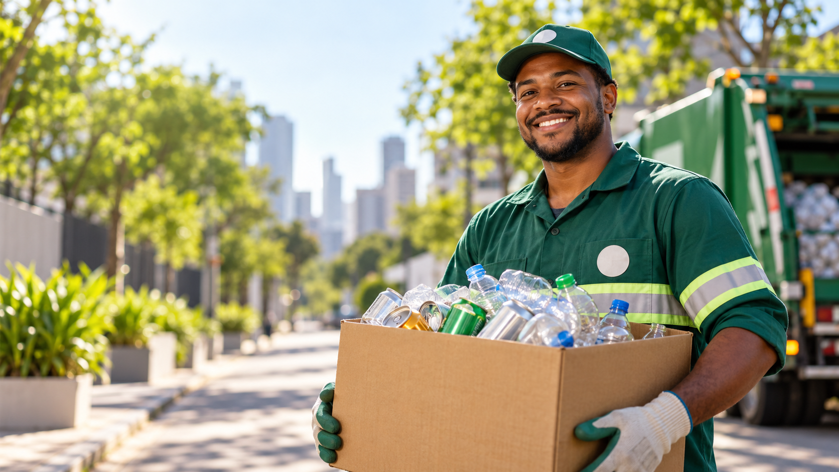 Coletor sorrindo com caixa de materiais recicláveis em uma cidade arborizada